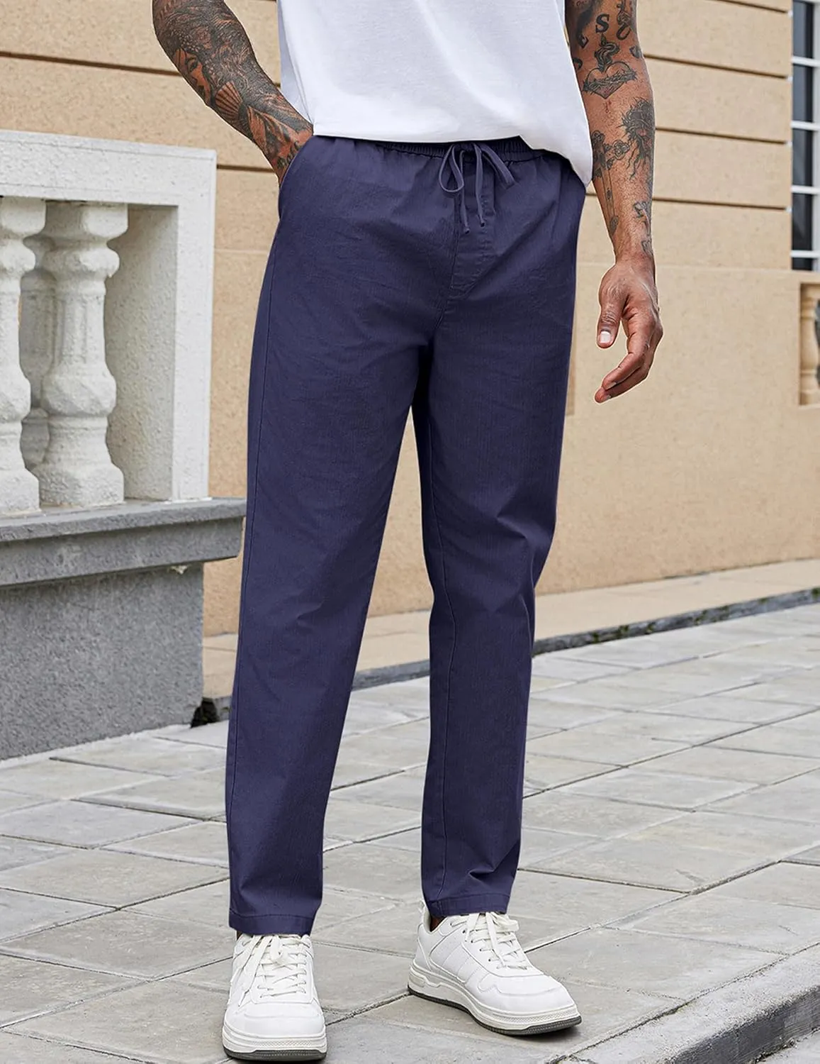 COOFANDY Mens Casual Pants Elastic Waist Drawstring Chino Pants Cotton Twill Trousers with Pockets