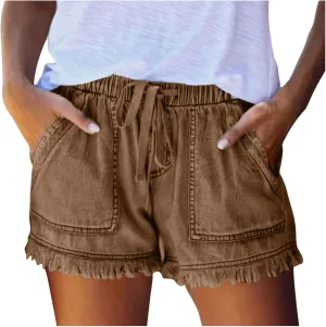 Drawstring Jean Shorts for Women Summer Casual Elastic Waist Raw Hem Denim Shorts Loose Fit Short Pants with Pockets