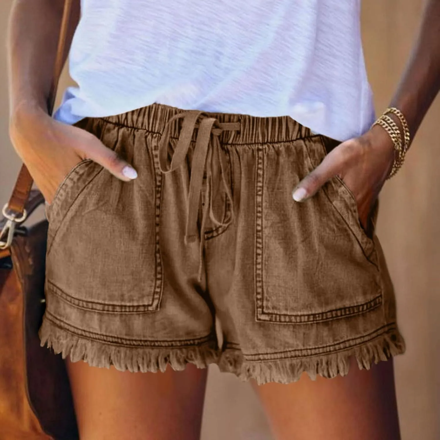 Drawstring Jean Shorts for Women Summer Casual Elastic Waist Raw Hem Denim Shorts Loose Fit Short Pants with Pockets