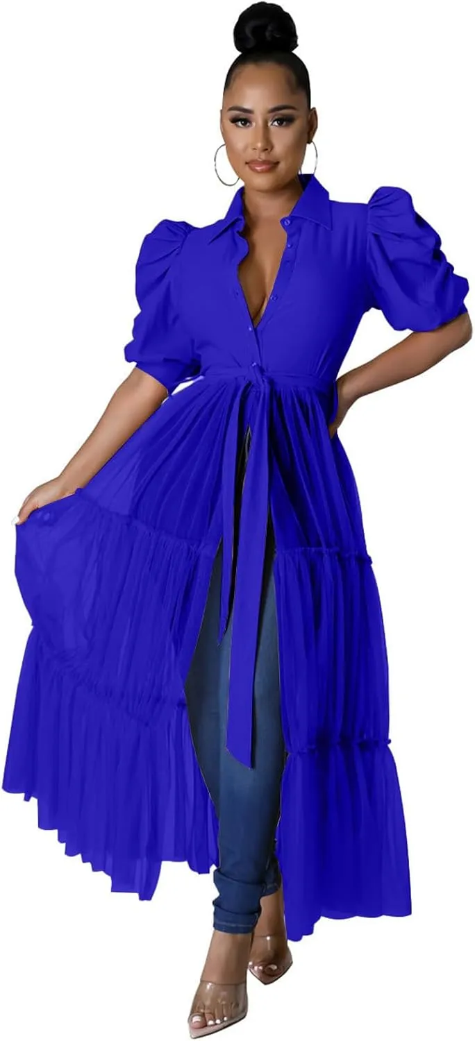 Ekaliy Women Sexy Short Sleeve Bodycon High Low Asymmetrical Ruffle Tunics Blouse Shirt Top Dress