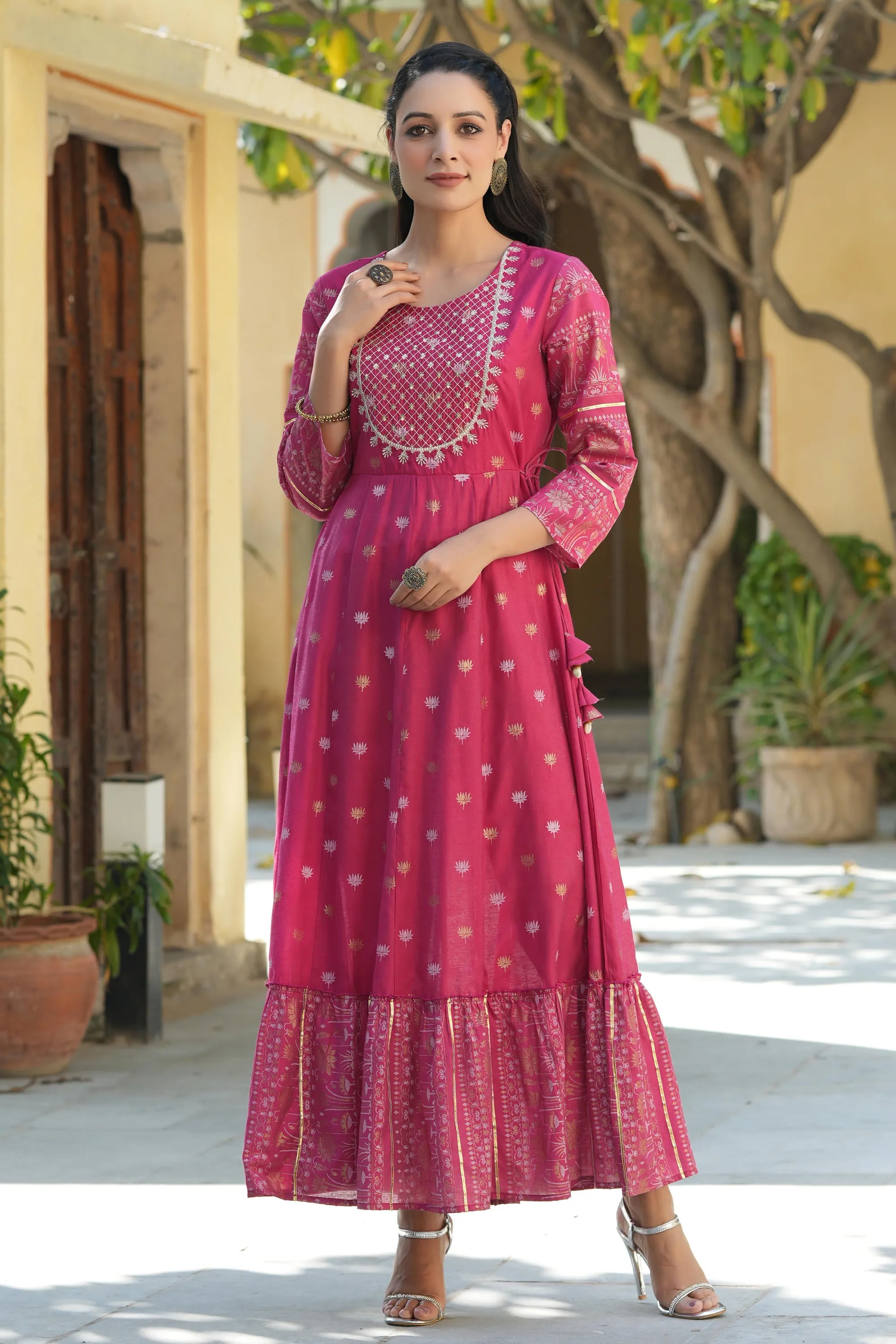 Fuchsia Ethnic Motif Printed Viscose Dress With Doris & Sequins