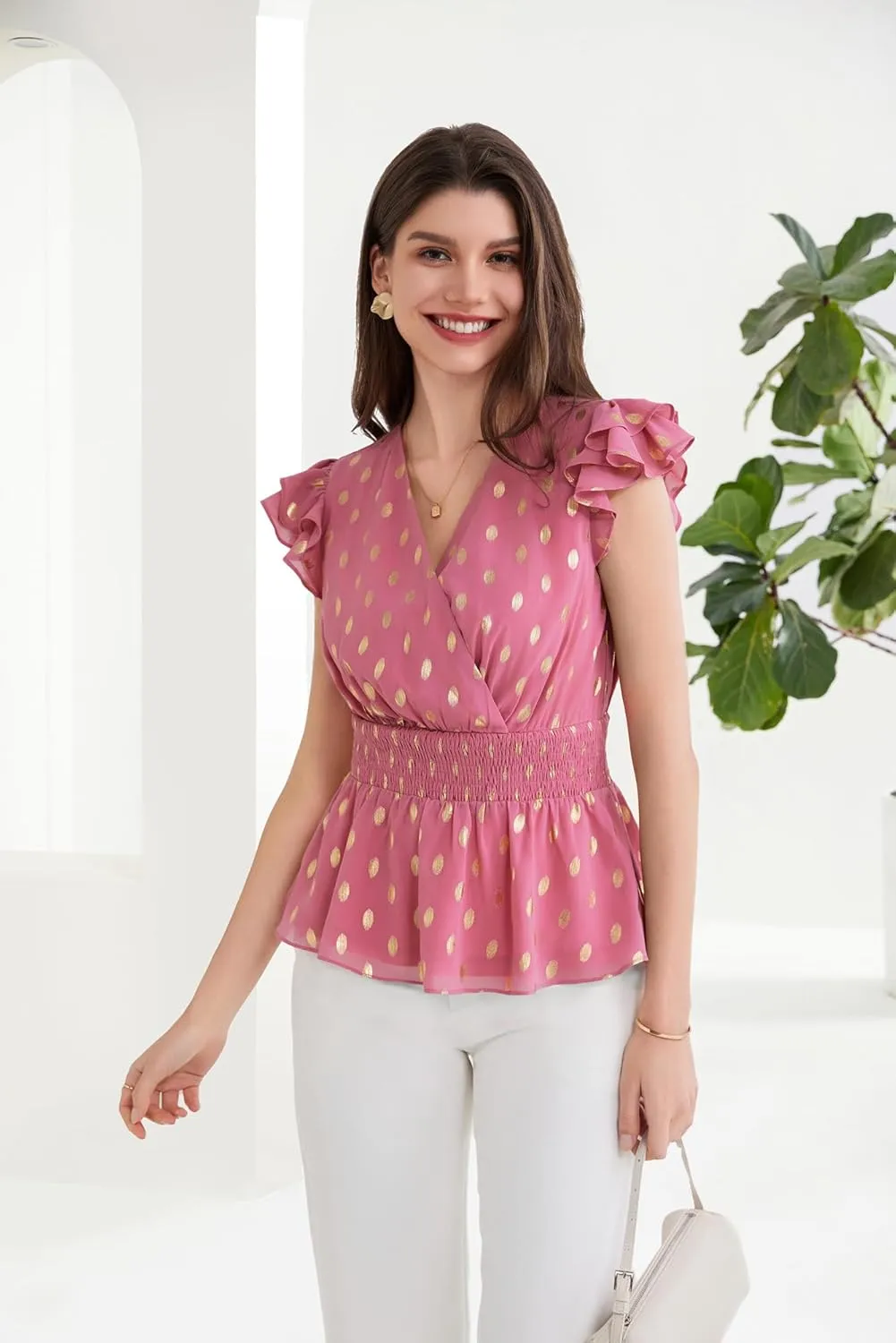 GRACE KARIN Peplum Tops for Women Wrap V Neck Business Casual Blouses Short Sleeve Polka Dot Ruffle Summer Tops Shirts