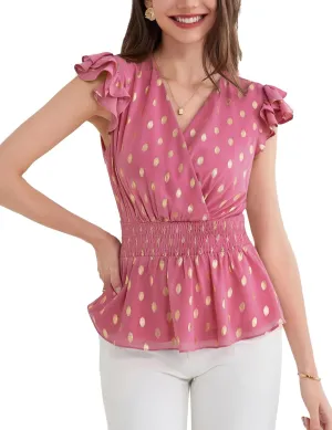 GRACE KARIN Peplum Tops for Women Wrap V Neck Business Casual Blouses Short Sleeve Polka Dot Ruffle Summer Tops Shirts