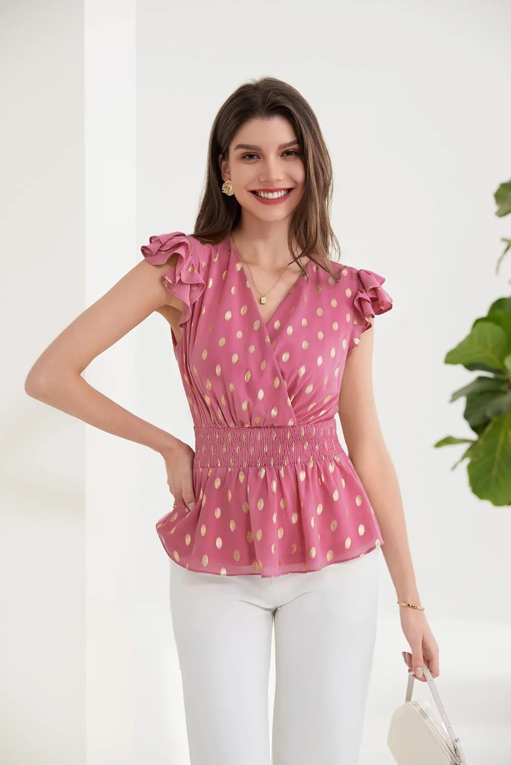 GRACE KARIN Peplum Tops for Women Wrap V Neck Business Casual Blouses Short Sleeve Polka Dot Ruffle Summer Tops Shirts