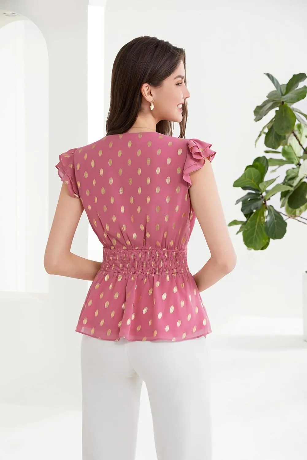 GRACE KARIN Peplum Tops for Women Wrap V Neck Business Casual Blouses Short Sleeve Polka Dot Ruffle Summer Tops Shirts