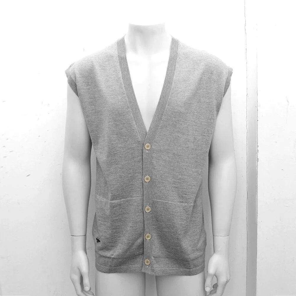Grey Wool Sleeveless Cardigan With Bee Emblem