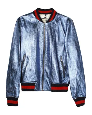 Gucci Crackle Bomber Jacket in Blue Leather