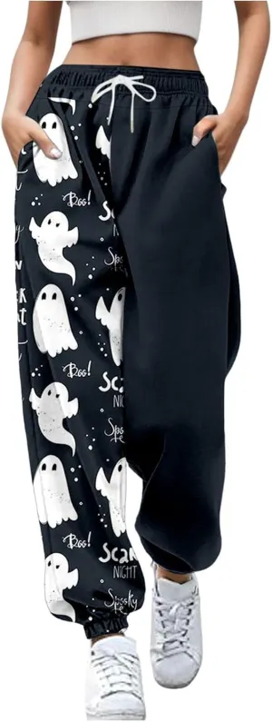 Halloween Sweatpants for Women Trendy Ghost Funny Print Drawstring Waist Wide Leg Pants Loose Pocket Lounge Joggers