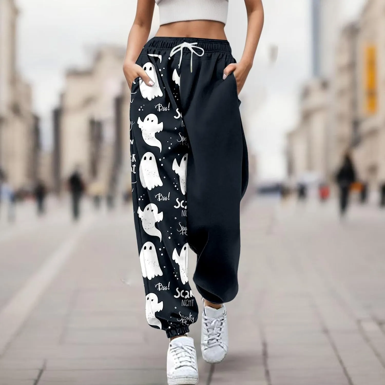 Halloween Sweatpants for Women Trendy Ghost Funny Print Drawstring Waist Wide Leg Pants Loose Pocket Lounge Joggers