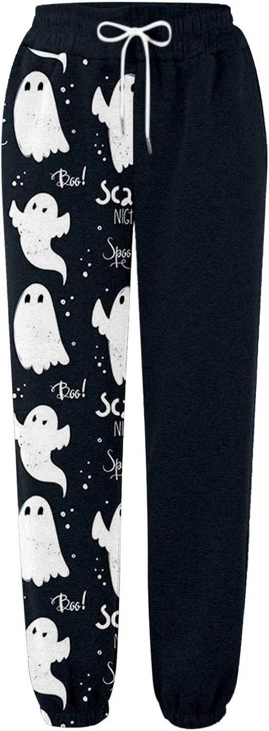 Halloween Sweatpants for Women Trendy Ghost Funny Print Drawstring Waist Wide Leg Pants Loose Pocket Lounge Joggers