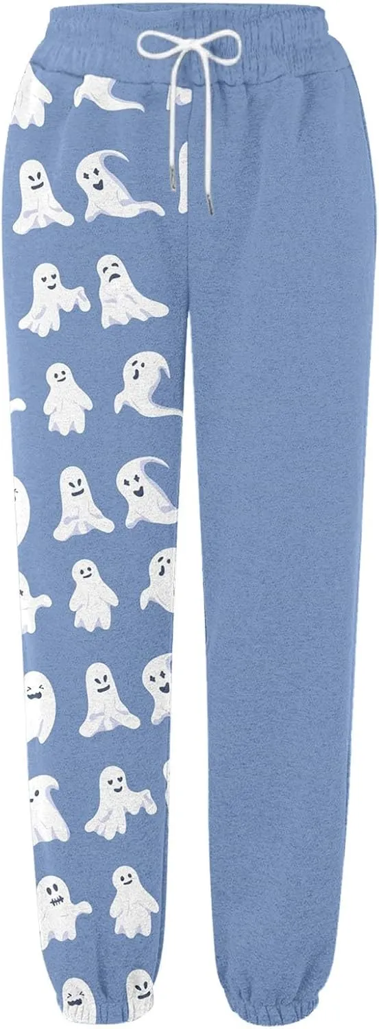 Halloween Sweatpants for Women Trendy Ghost Funny Print Drawstring Waist Wide Leg Pants Loose Pocket Lounge Joggers