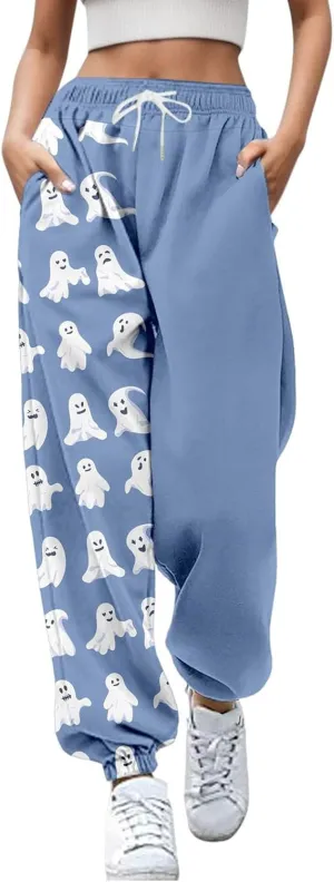 Halloween Sweatpants for Women Trendy Ghost Funny Print Drawstring Waist Wide Leg Pants Loose Pocket Lounge Joggers