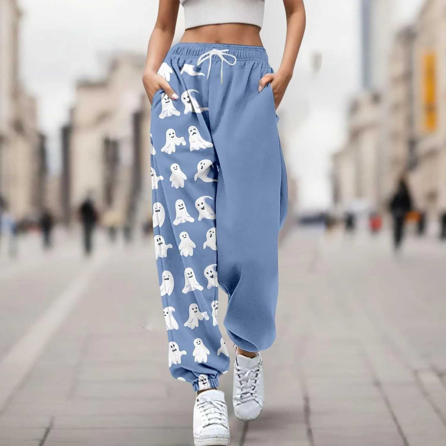 Halloween Sweatpants for Women Trendy Ghost Funny Print Drawstring Waist Wide Leg Pants Loose Pocket Lounge Joggers