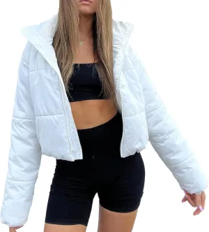 HEZIOWYUN Cropped Puffer Jackets for Women Quilted Lightweight Padded Stand Collar Zipper Puffer Coat Bomber Jacket