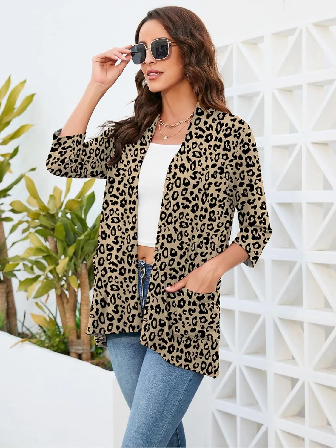 HIYIYEZI Womens Casual Lightweight Cardigans with Pockets 3/4 Sleeve Open Front Dusters
