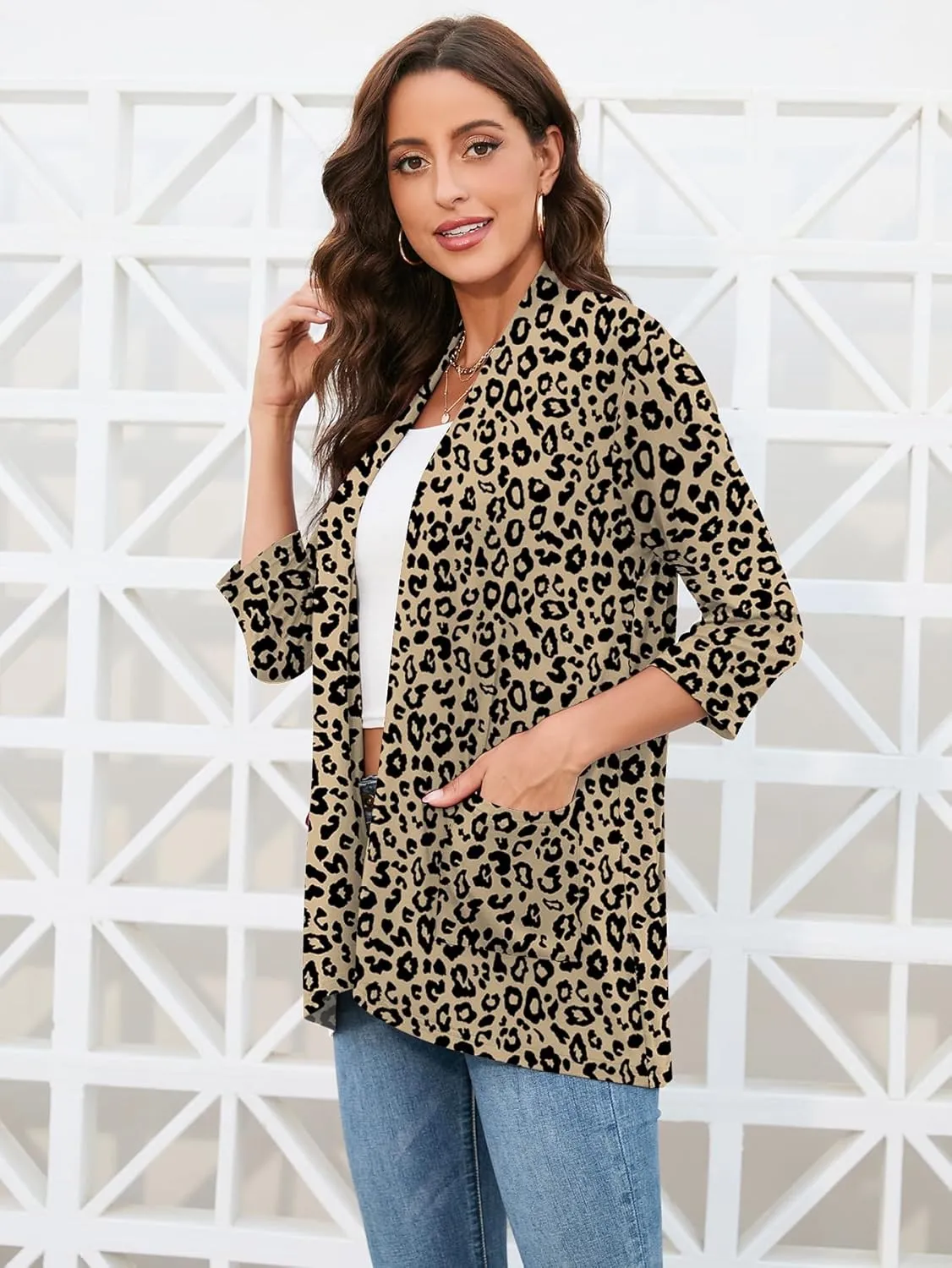 HIYIYEZI Womens Casual Lightweight Cardigans with Pockets 3/4 Sleeve Open Front Dusters