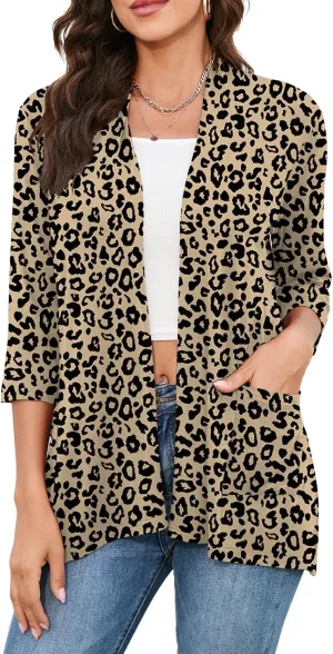 HIYIYEZI Womens Casual Lightweight Cardigans with Pockets 3/4 Sleeve Open Front Dusters