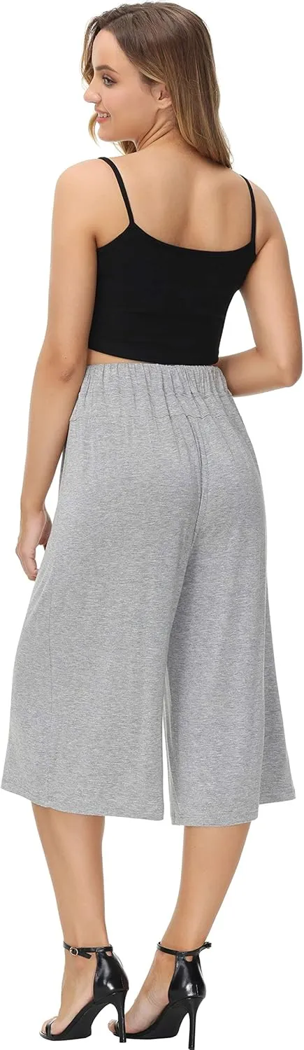HOW'ON Women's Elastic Waist Wide Leg Casual Palazzo Capri Culottes Pants Soft Knit Cropped Pants