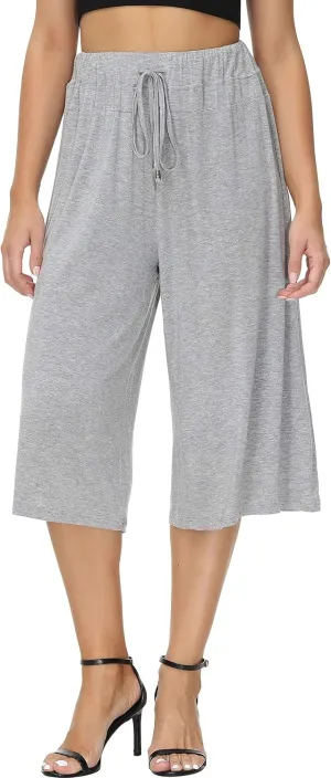 HOW'ON Women's Elastic Waist Wide Leg Casual Palazzo Capri Culottes Pants Soft Knit Cropped Pants