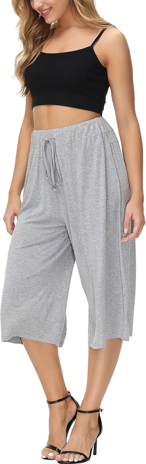 HOW'ON Women's Elastic Waist Wide Leg Casual Palazzo Capri Culottes Pants Soft Knit Cropped Pants