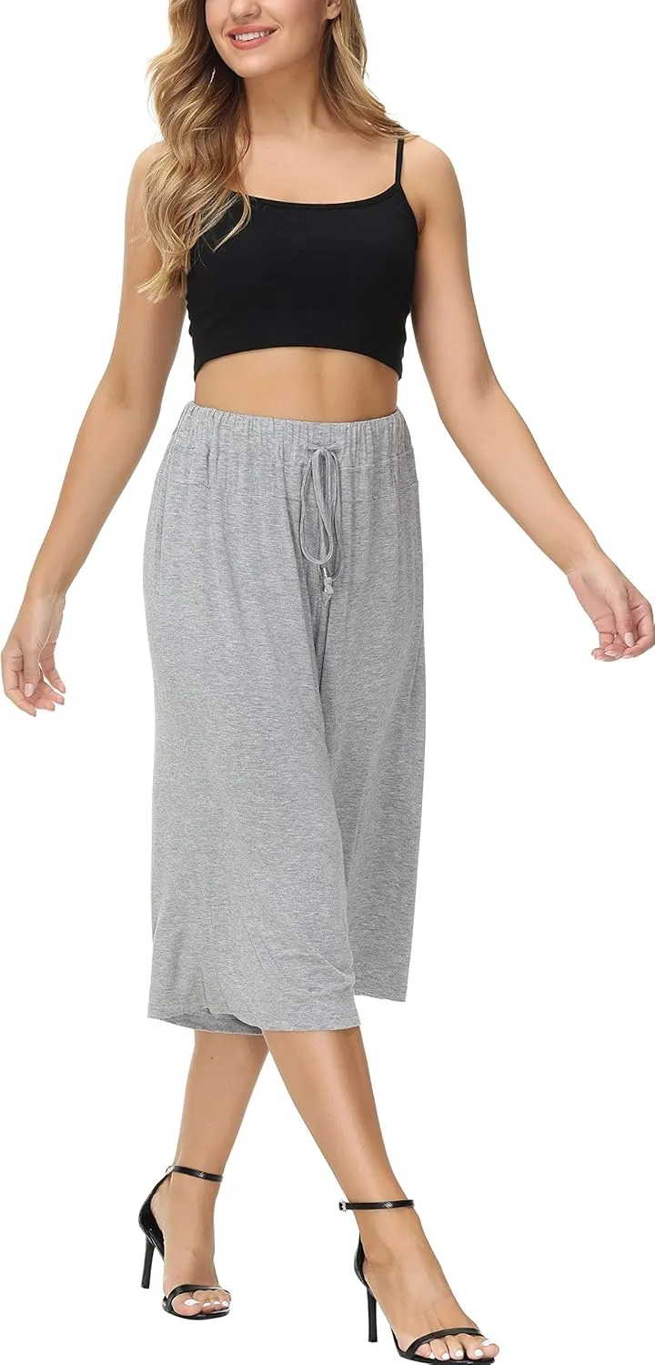 HOW'ON Women's Elastic Waist Wide Leg Casual Palazzo Capri Culottes Pants Soft Knit Cropped Pants