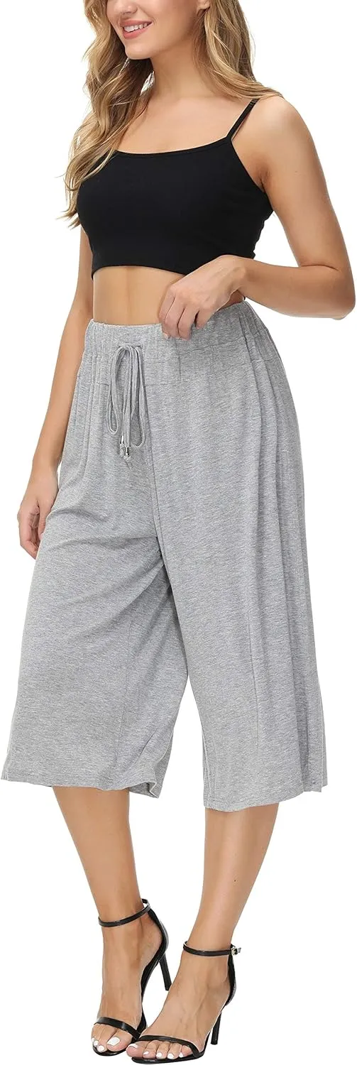 HOW'ON Women's Elastic Waist Wide Leg Casual Palazzo Capri Culottes Pants Soft Knit Cropped Pants