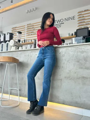 Kick Flare - Navy Blue Cropped Raw Hems Jeans.