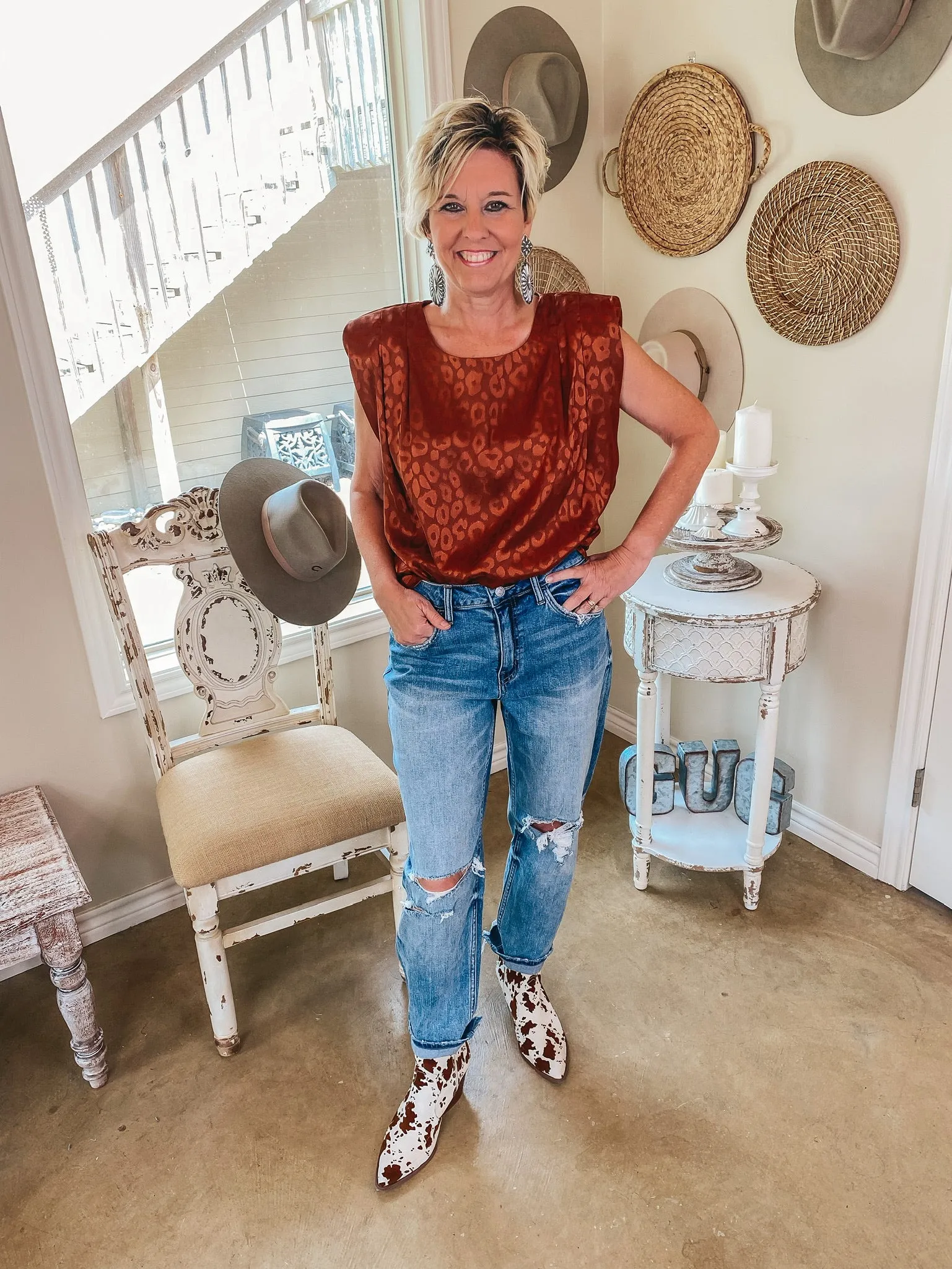 Last Chance Size Medium | Divine Delights Metallic Leopard Satin Blouse with Shoulder Pads in Rust