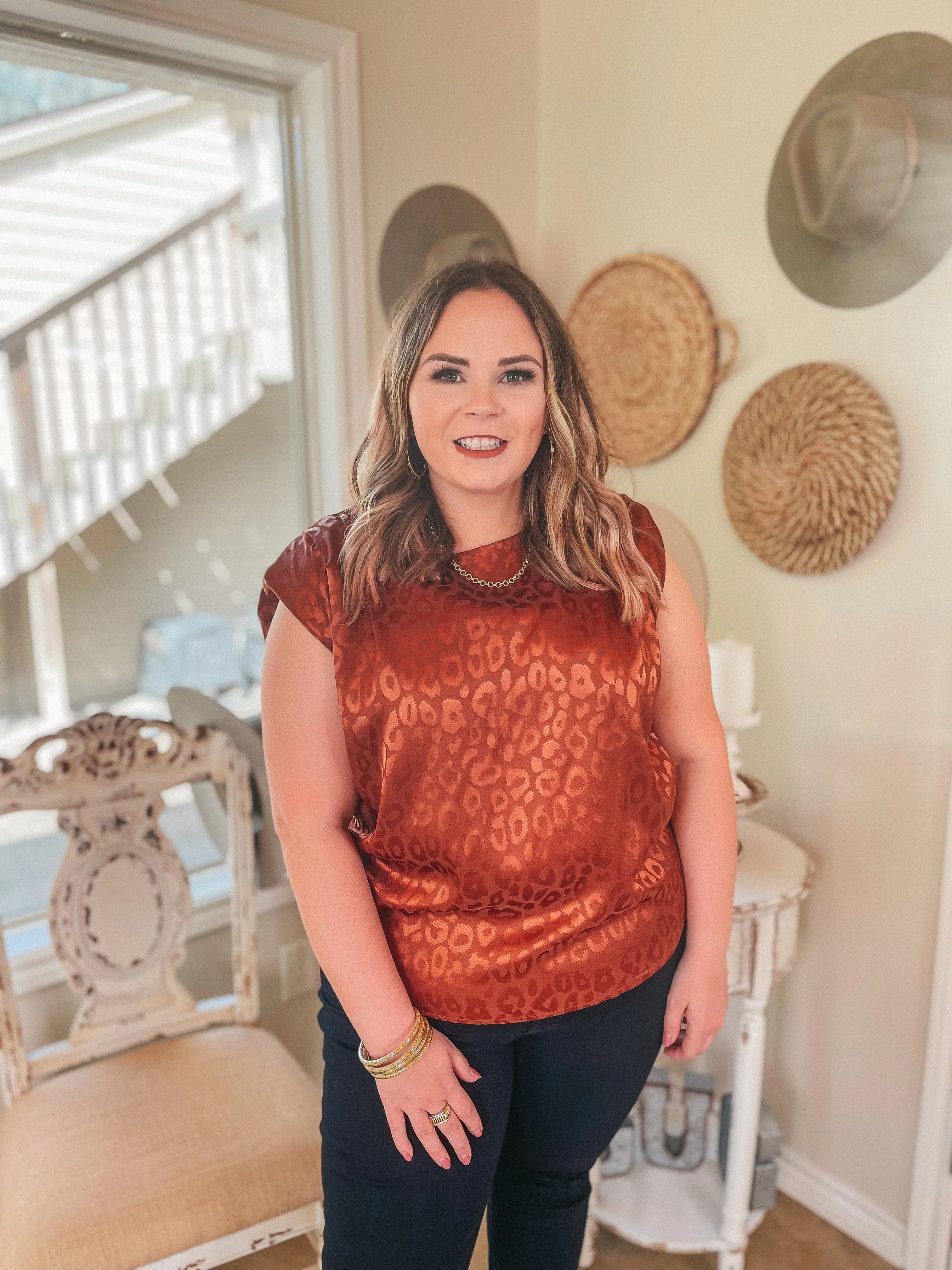 Last Chance Size Medium | Divine Delights Metallic Leopard Satin Blouse with Shoulder Pads in Rust