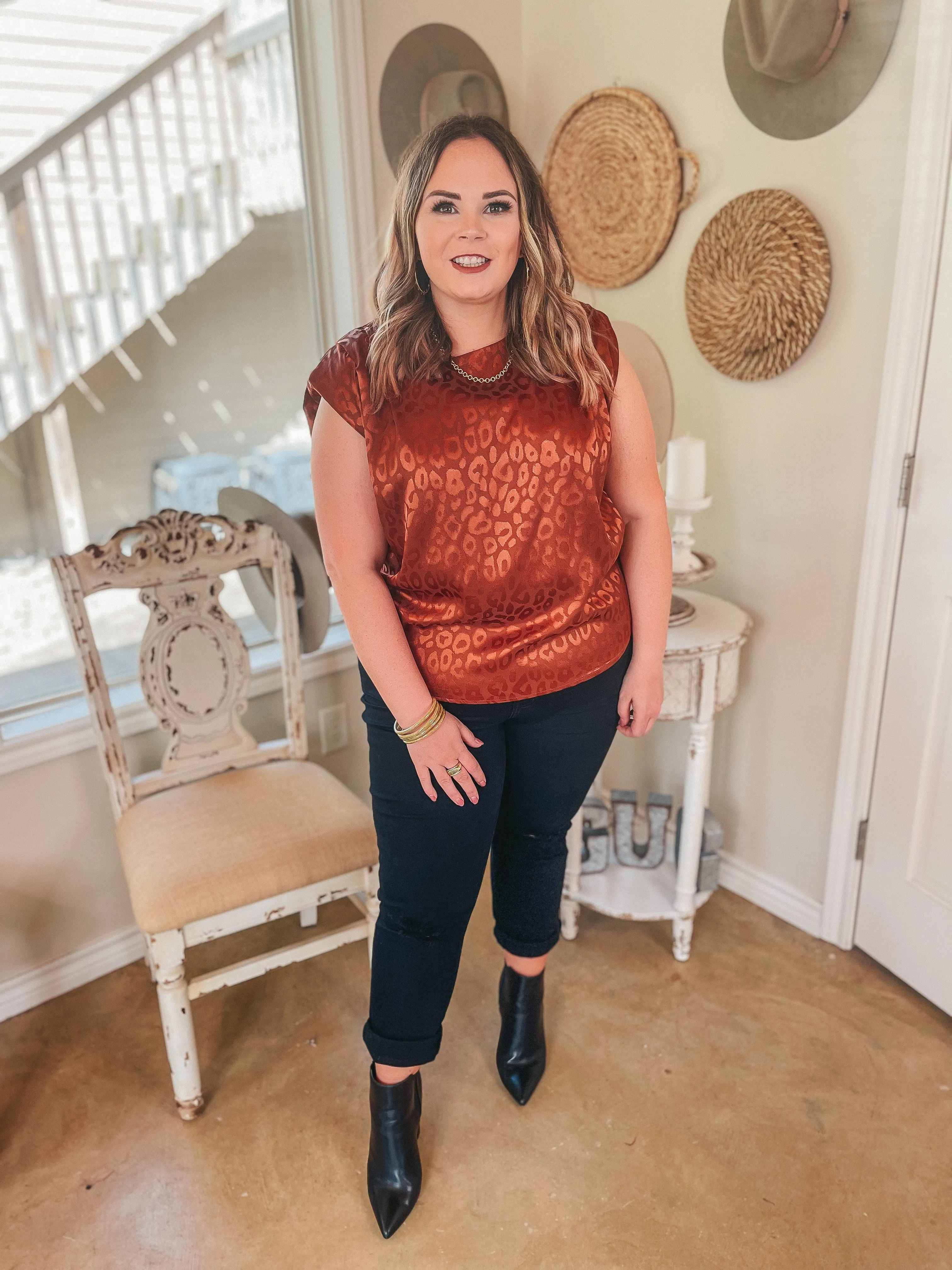 Last Chance Size Medium | Divine Delights Metallic Leopard Satin Blouse with Shoulder Pads in Rust