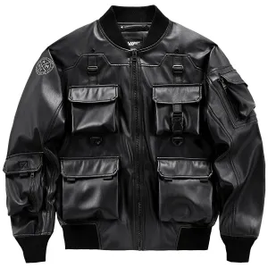 Leather Multi-Pocket Motorcycle Jacket