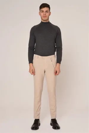 Men's Beige Slim Fit Straight Accessory Fabric Trousers - Wessi