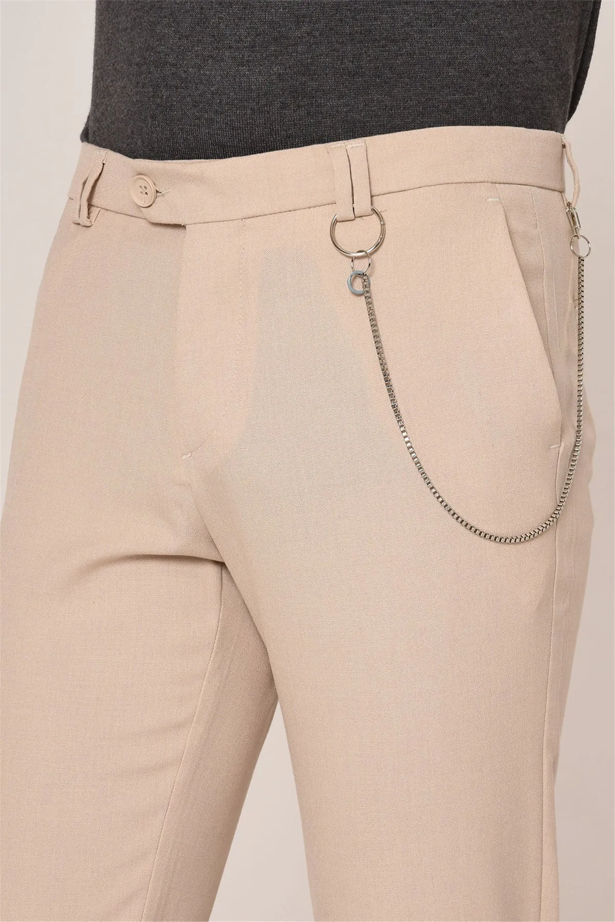 Men's Beige Slim Fit Straight Accessory Fabric Trousers - Wessi