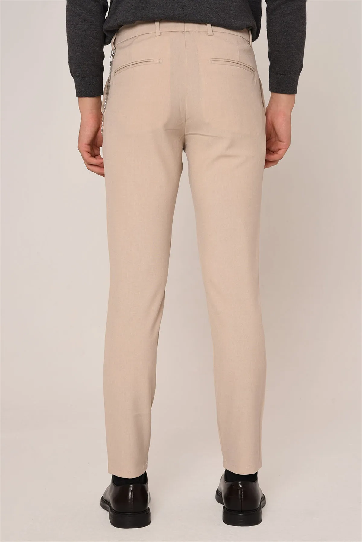 Men's Beige Slim Fit Straight Accessory Fabric Trousers - Wessi