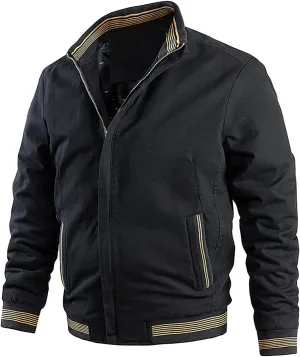 Men's Cotton Jacket Long Sleeve Lightweight Banded Collar Baseball Bomber Jacket Windbreaker