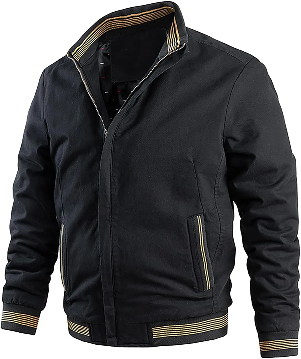 Men's Cotton Jacket Long Sleeve Lightweight Banded Collar Baseball Bomber Jacket Windbreaker