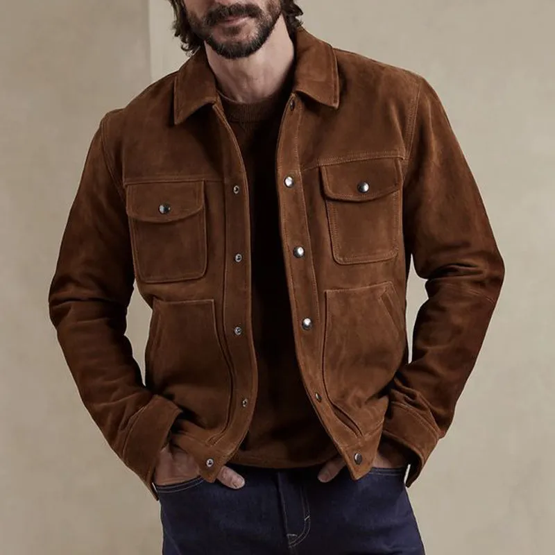 Men's Vintage Suede Multi-Pocket Snap Button Jacket 14943251U