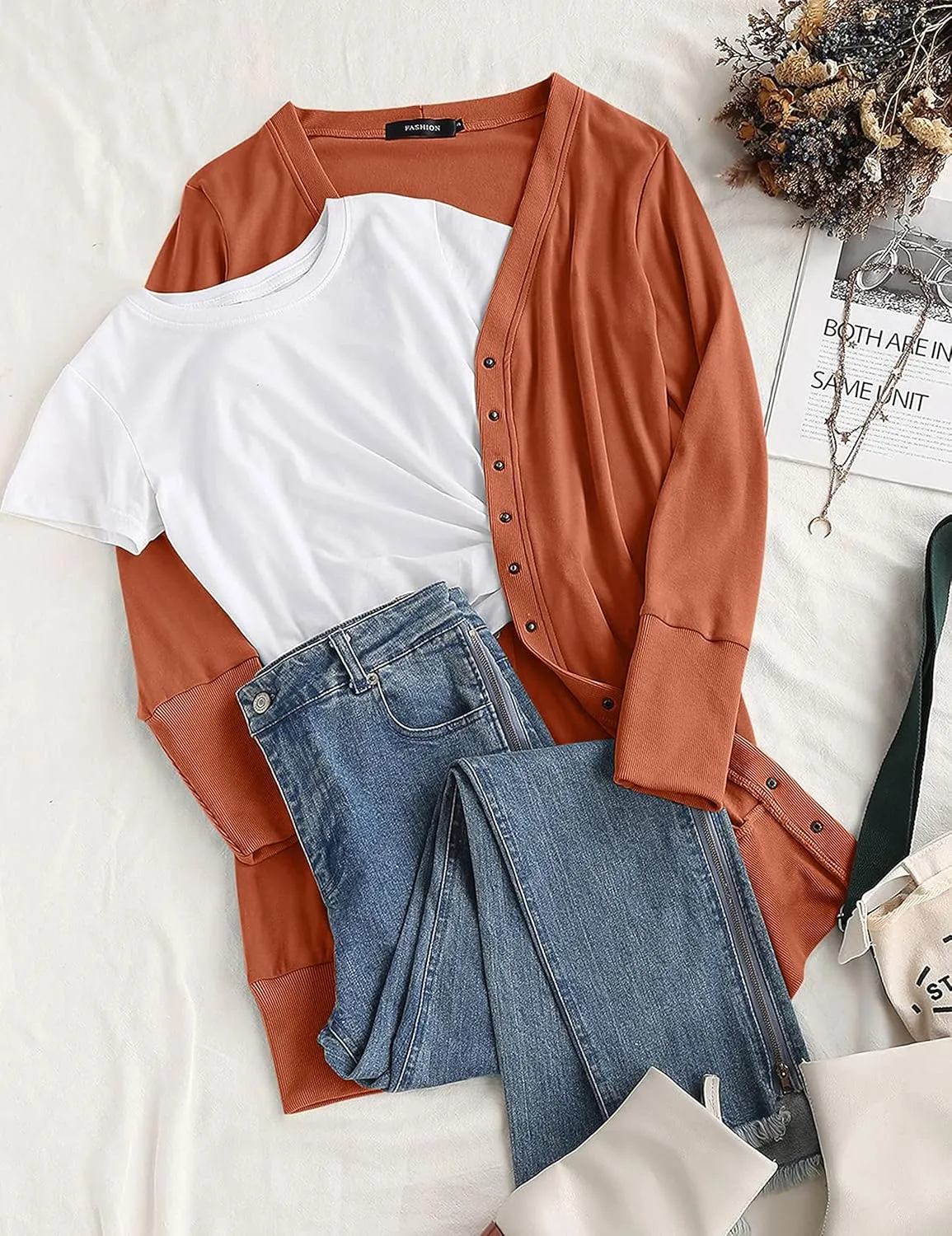 MEROKEETY Women's 2025 Fall Long Sleeve Snap Button Down Solid Color Knit Ribbed Neckline Cardigans