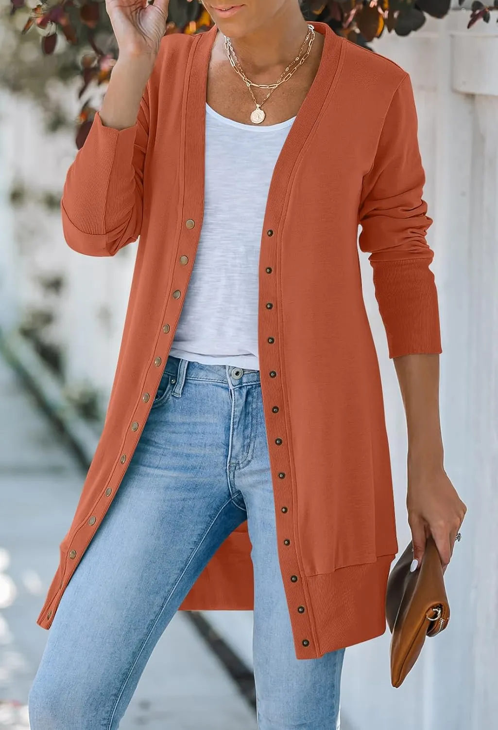 MEROKEETY Women's 2025 Fall Long Sleeve Snap Button Down Solid Color Knit Ribbed Neckline Cardigans