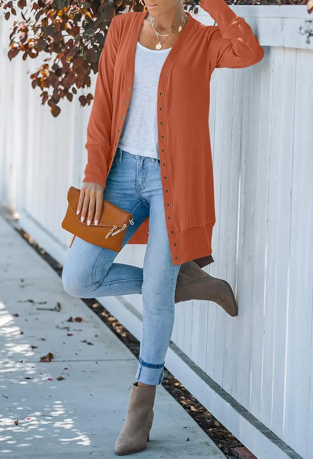 MEROKEETY Women's 2025 Fall Long Sleeve Snap Button Down Solid Color Knit Ribbed Neckline Cardigans