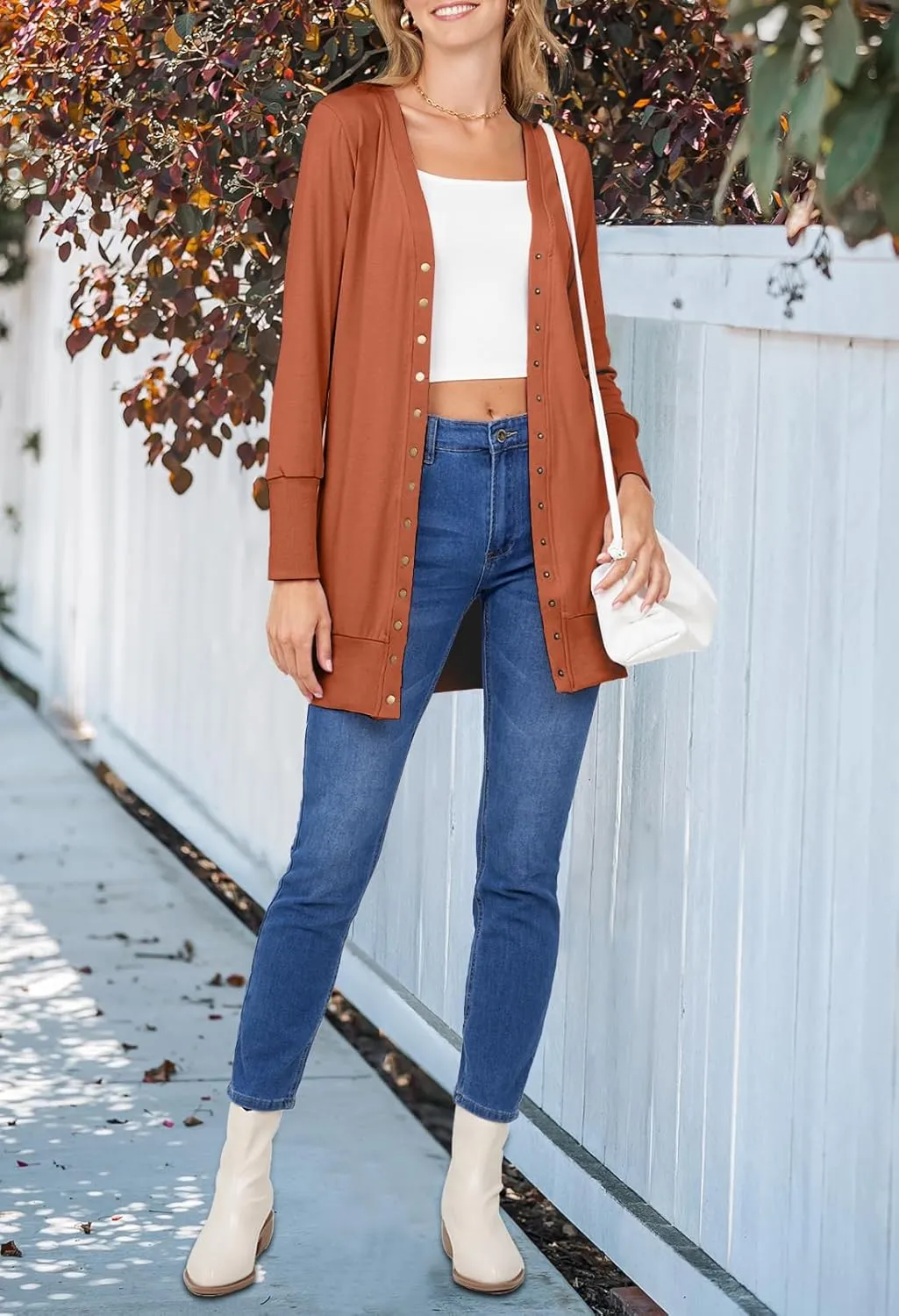 MEROKEETY Women's 2025 Fall Long Sleeve Snap Button Down Solid Color Knit Ribbed Neckline Cardigans