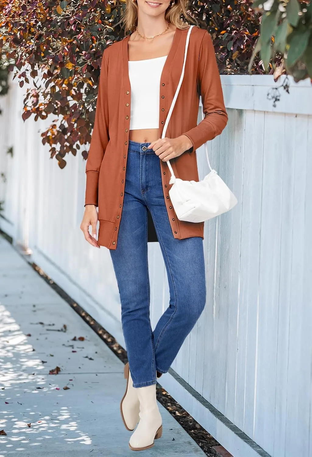 MEROKEETY Women's 2025 Fall Long Sleeve Snap Button Down Solid Color Knit Ribbed Neckline Cardigans