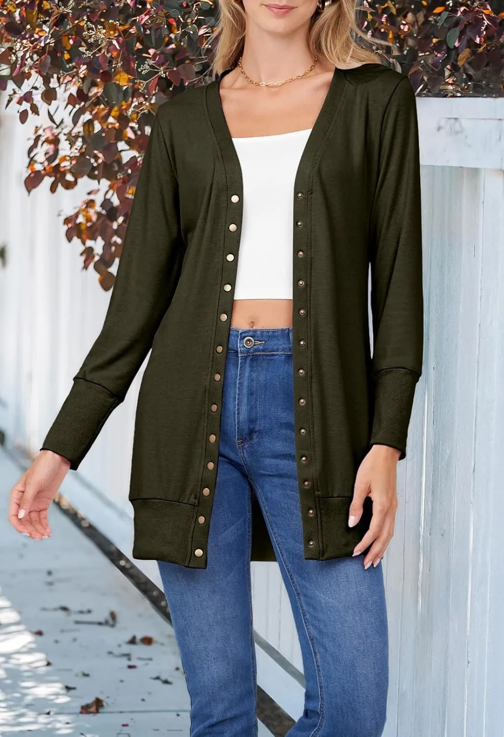 MEROKEETY Women's 2025 Fall Long Sleeve Snap Button Down Solid Color Knit Ribbed Neckline Cardigans