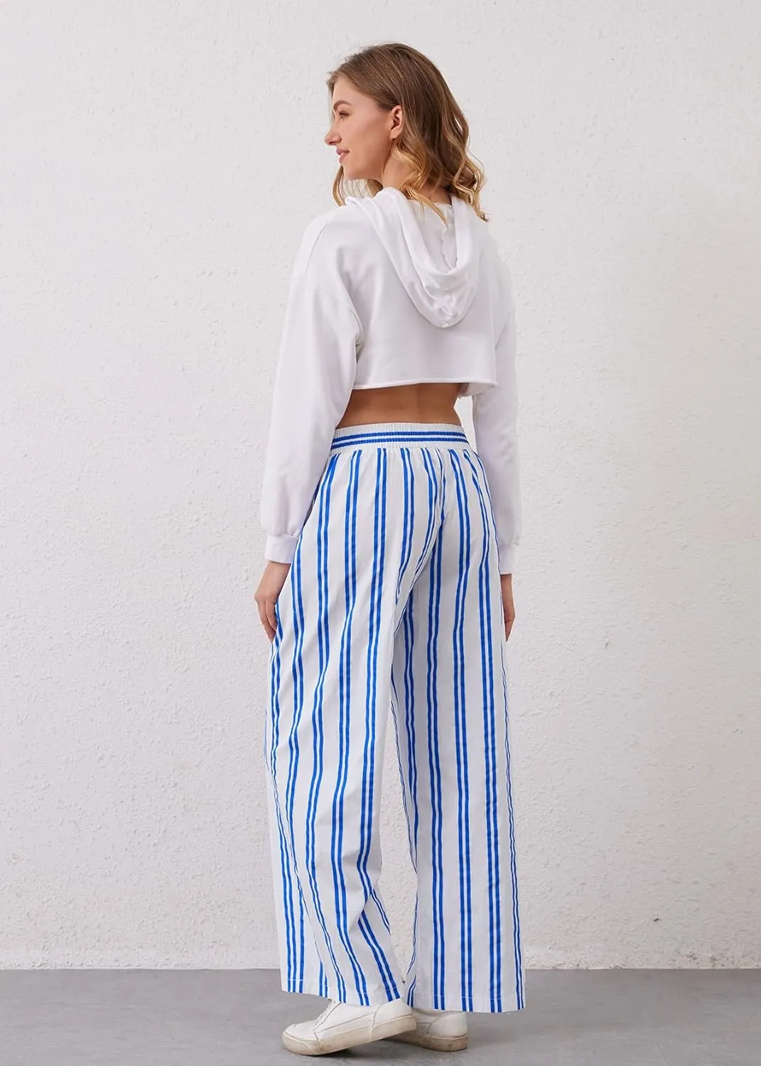 MISSACTIVER Women Drawstring Striped Pants Loose Wide Leg Trousers Casual Low Waist Pants Comfy Lounge Pants with Pockets