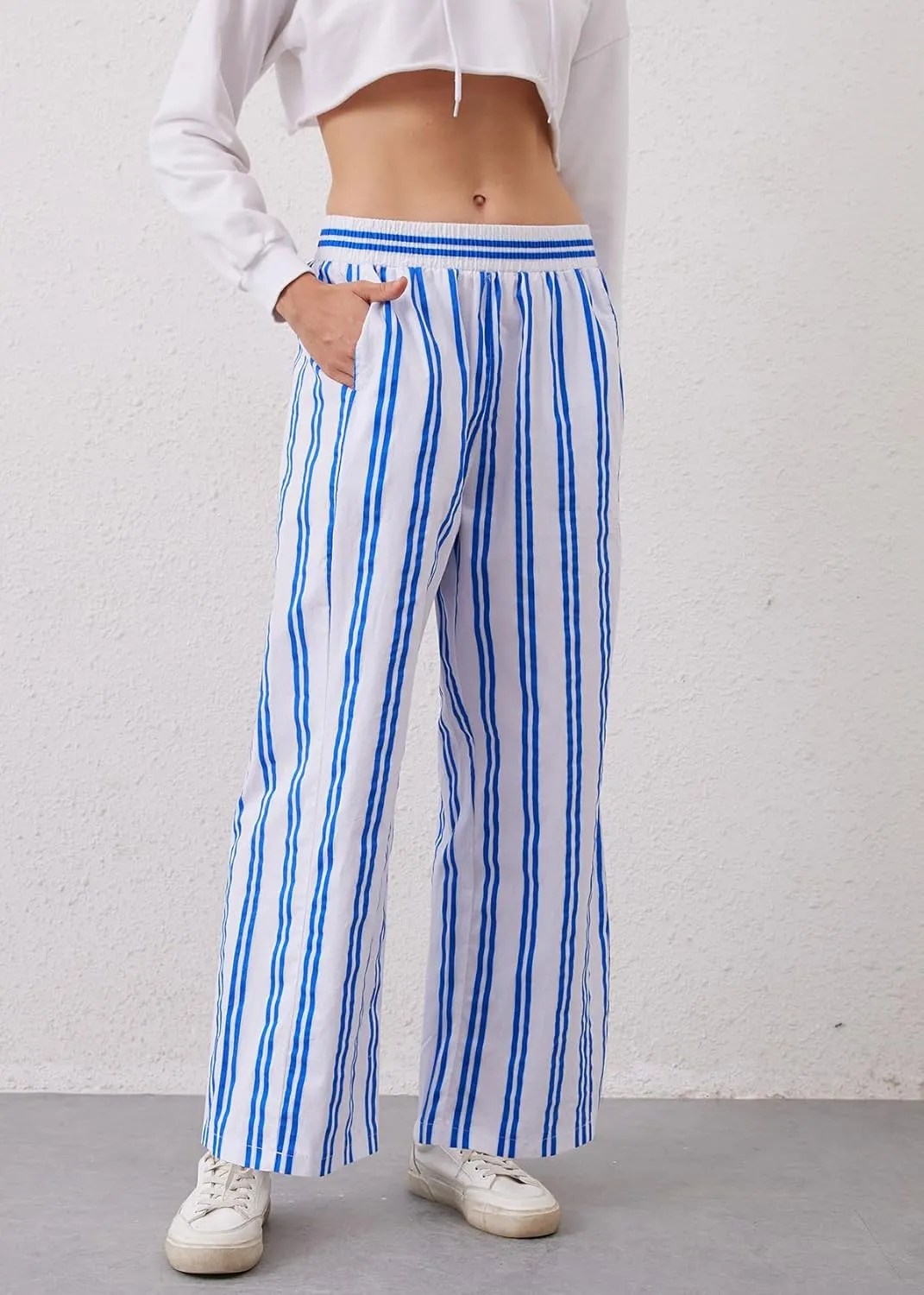 MISSACTIVER Women Drawstring Striped Pants Loose Wide Leg Trousers Casual Low Waist Pants Comfy Lounge Pants with Pockets