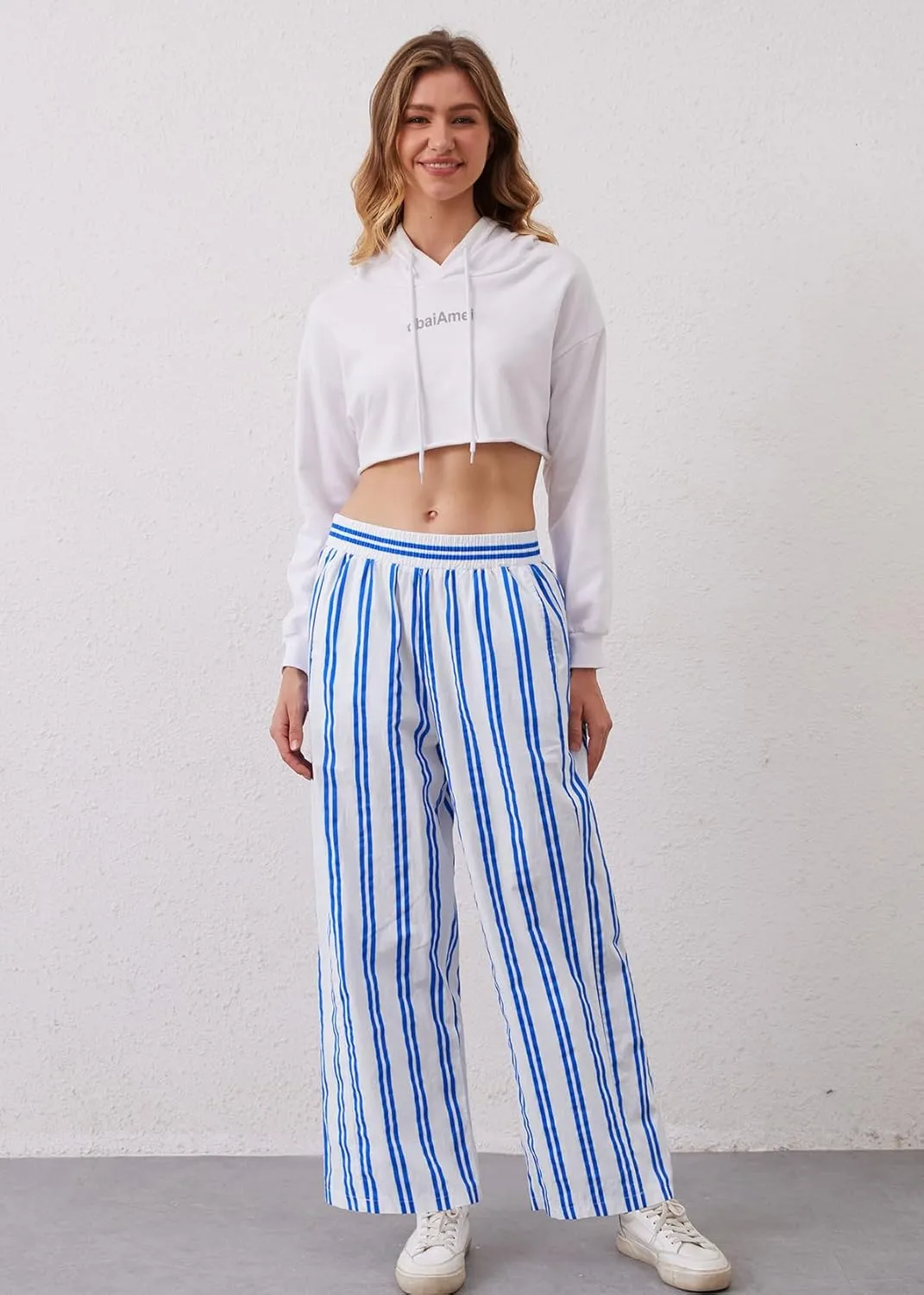 MISSACTIVER Women Drawstring Striped Pants Loose Wide Leg Trousers Casual Low Waist Pants Comfy Lounge Pants with Pockets