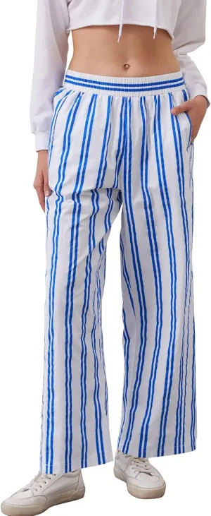 MISSACTIVER Women Drawstring Striped Pants Loose Wide Leg Trousers Casual Low Waist Pants Comfy Lounge Pants with Pockets