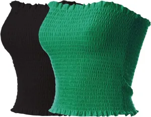 MixMatchy Women's Casual Basic Smocked Tube Tops Stretch Bustier Bandeau Crop Top 2 Pack