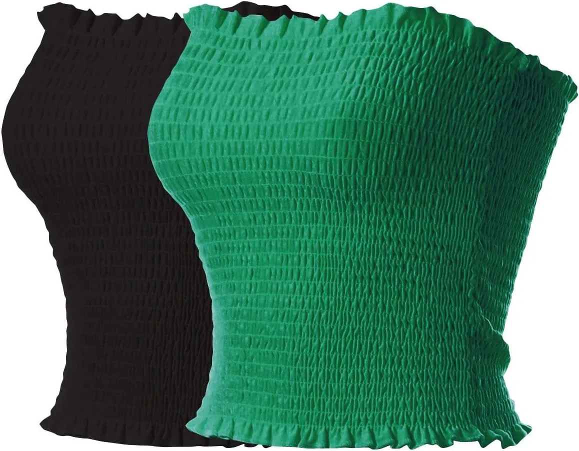 MixMatchy Women's Casual Basic Smocked Tube Tops Stretch Bustier Bandeau Crop Top 2 Pack
