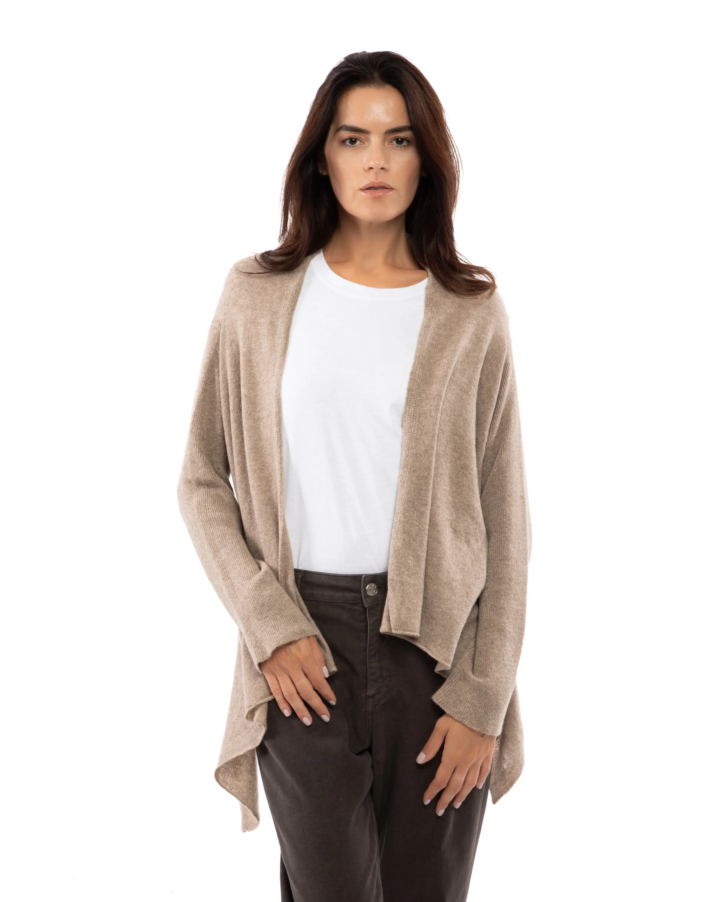 NEW FALL 24 - Pure Cashmere Open Front Cardigan Wrap Melange Gray